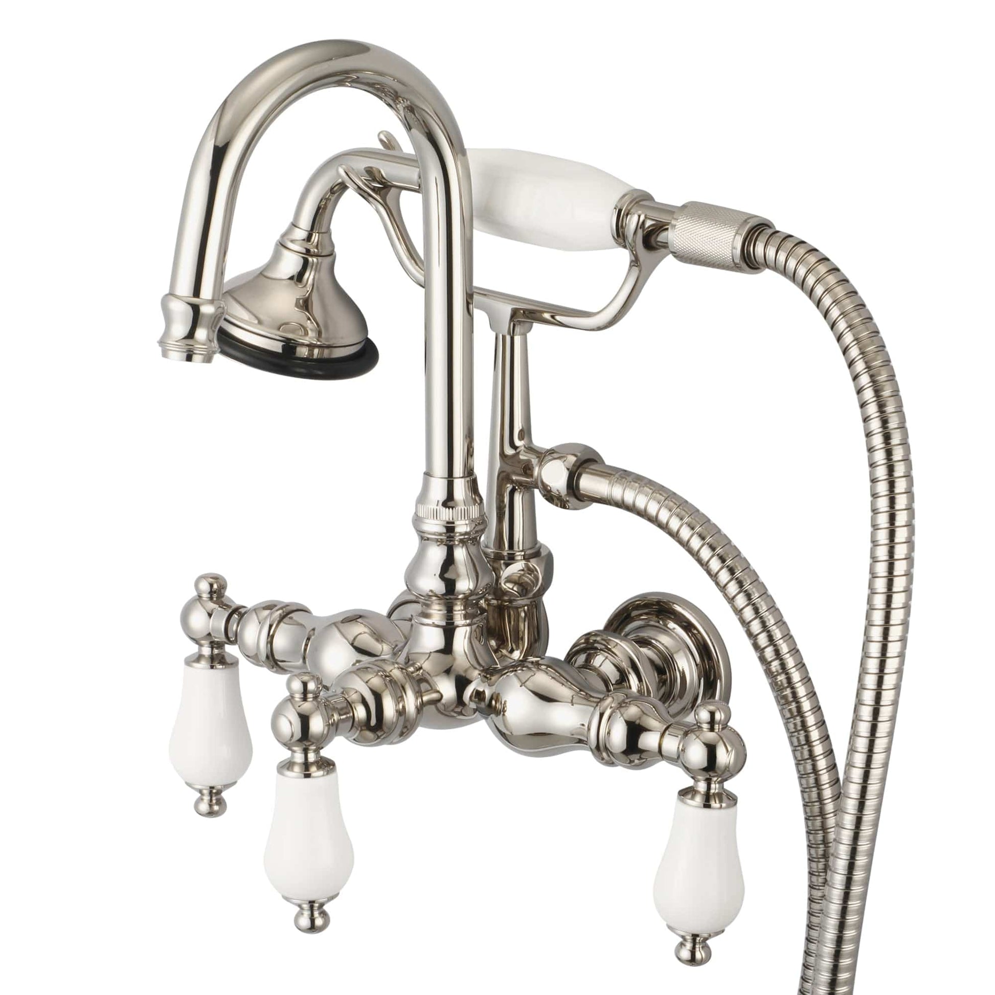 Water Creation F6-0012-05-PL Vintage Classic 3.375" Center Wall Mount Tub Faucet With Gooseneck Spout, Straight Wall Connector & Handheld Shower in Polished Nickel Finish, With Porcelain Lever Handles Without labels