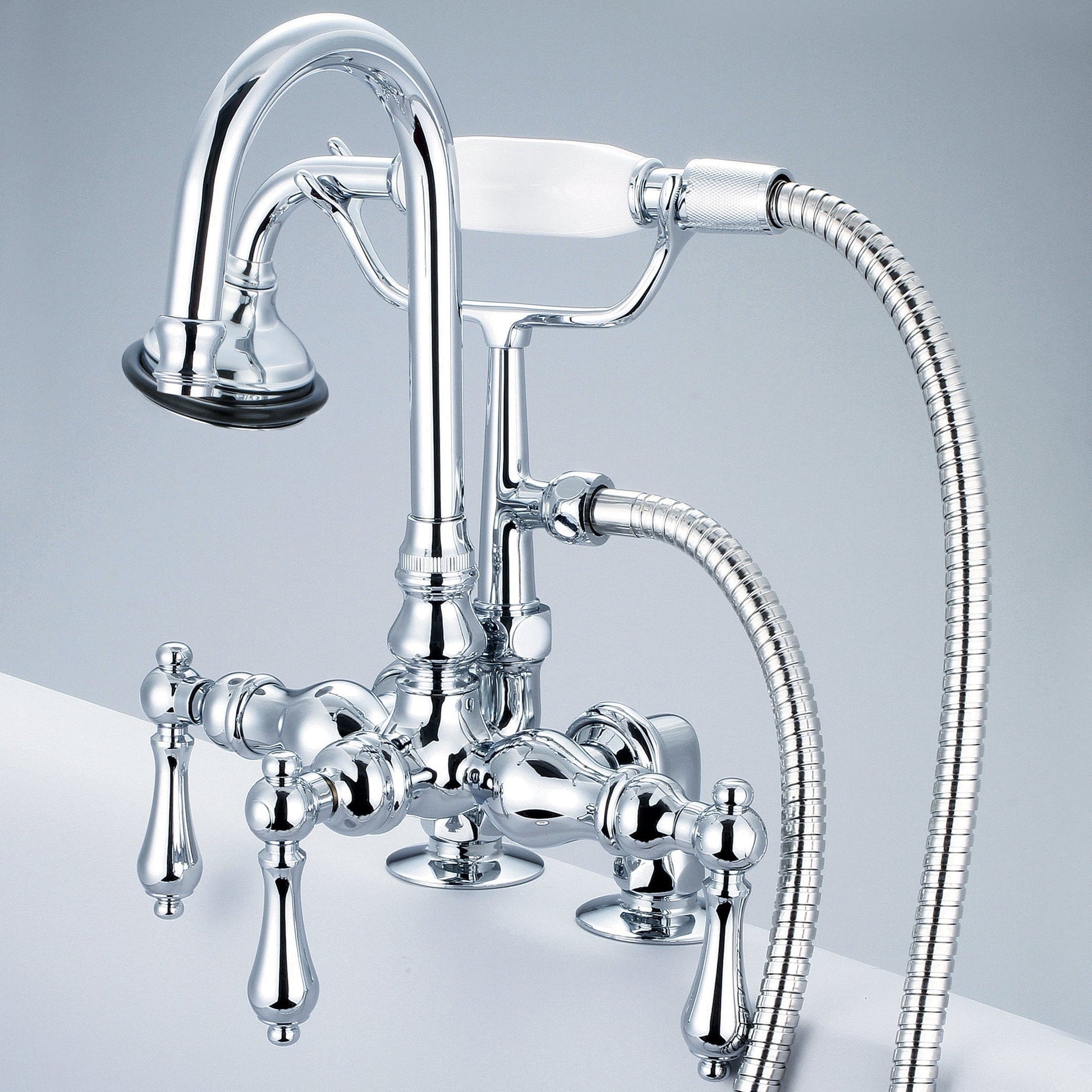 Water Creation F6-0013-01-AL Vintage Classic 3.375" Center Deck Mount Tub Faucet With Gooseneck Spout, 2" Risers & Handheld Shower in Chrome Finish, With Metal Lever Handles Without Labels