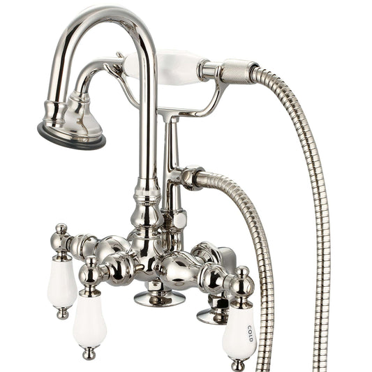 Water Creation F6-0013-05-CL Vintage Classic 3.375" Center Deck Mount Tub Faucet With Gooseneck Spout, 2" Risers & Handheld Shower in Polished Nickel Finish, With Porcelain Lever Handles, Hot And Cold Labels Included