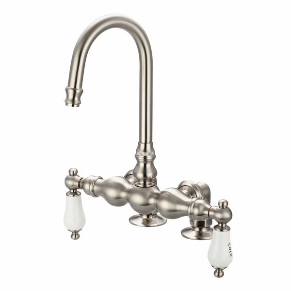 Water Creation F6-0016-02-CL Vintage Classic 3.375 Center Deck Mount Tub Faucet With Gooseneck Spout & 2 Risers in Brushed Nickel Finish, With Porcelain Lever Handles, Hot And Cold Labels Included