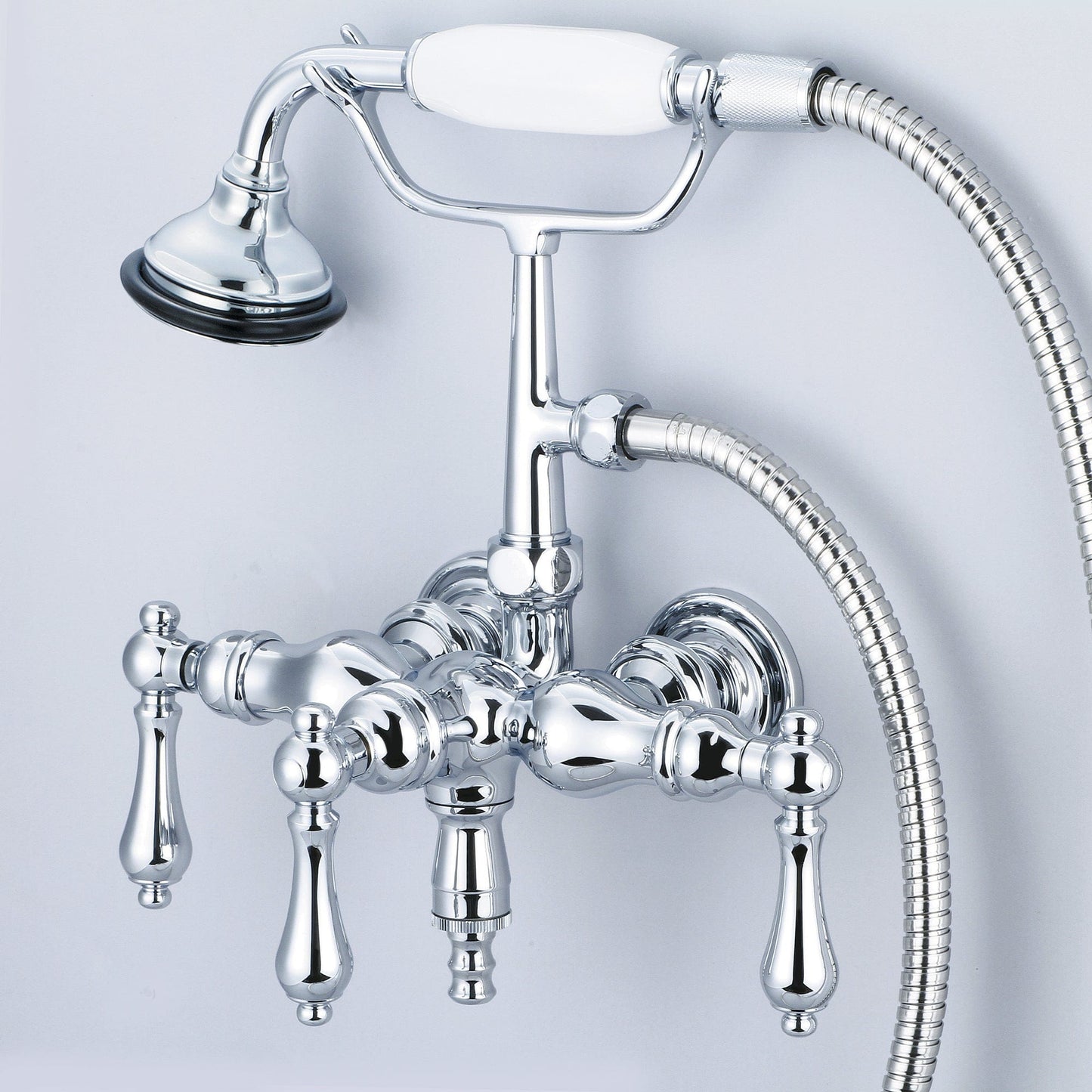 Water Creation F6-0017-01-AL Vintage Classic 3.375" Center Wall Mount Tub Faucet With Down Spout, Straight Wall Connector & Handheld Shower in Chrome Finish, With Metal Lever Handles Without Labels