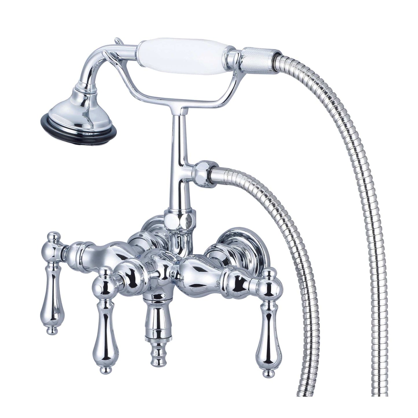 Water Creation F6-0017-01-AL Vintage Classic 3.375" Center Wall Mount Tub Faucet With Down Spout, Straight Wall Connector & Handheld Shower in Chrome Finish, With Metal Lever Handles Without Labels