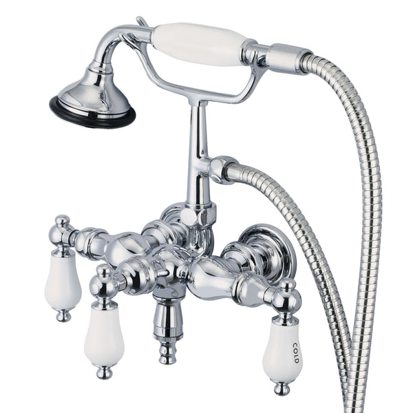 Water Creation F6-0017-01-CL Vintage Classic 3.375 Center Wall Mount Tub Faucet With Down Spout, Straight Wall Connector & Handheld Shower in Chrome Finish, With Porcelain Lever Handles, Hot And Cold Labels Included