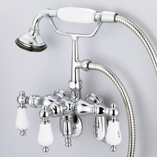 Water Creation F6-0018-01-CL Vintage Classic Adjustable Center Wall Mount Tub Faucet With Down Spout, Swivel Wall Connector & Handheld Shower in Chrome Finish, With Porcelain Lever Handles, Hot And Cold Labels Included
