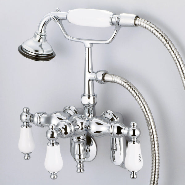 Water Creation F6-0018-01-CL Vintage Classic Adjustable Center Wall Mount Tub Faucet With Down Spout, Swivel Wall Connector & Handheld Shower in Chrome Finish, With Porcelain Lever Handles, Hot And Cold Labels Included