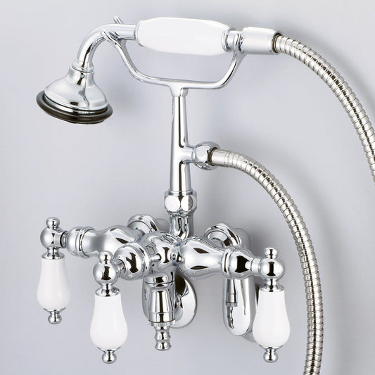 Water Creation F6-0018-01-PL Vintage Classic Adjustable Center Wall Mount Tub Faucet With Down Spout, Swivel Wall Connector & Handheld Shower in Chrome Finish, With Porcelain Lever Handles Without labels