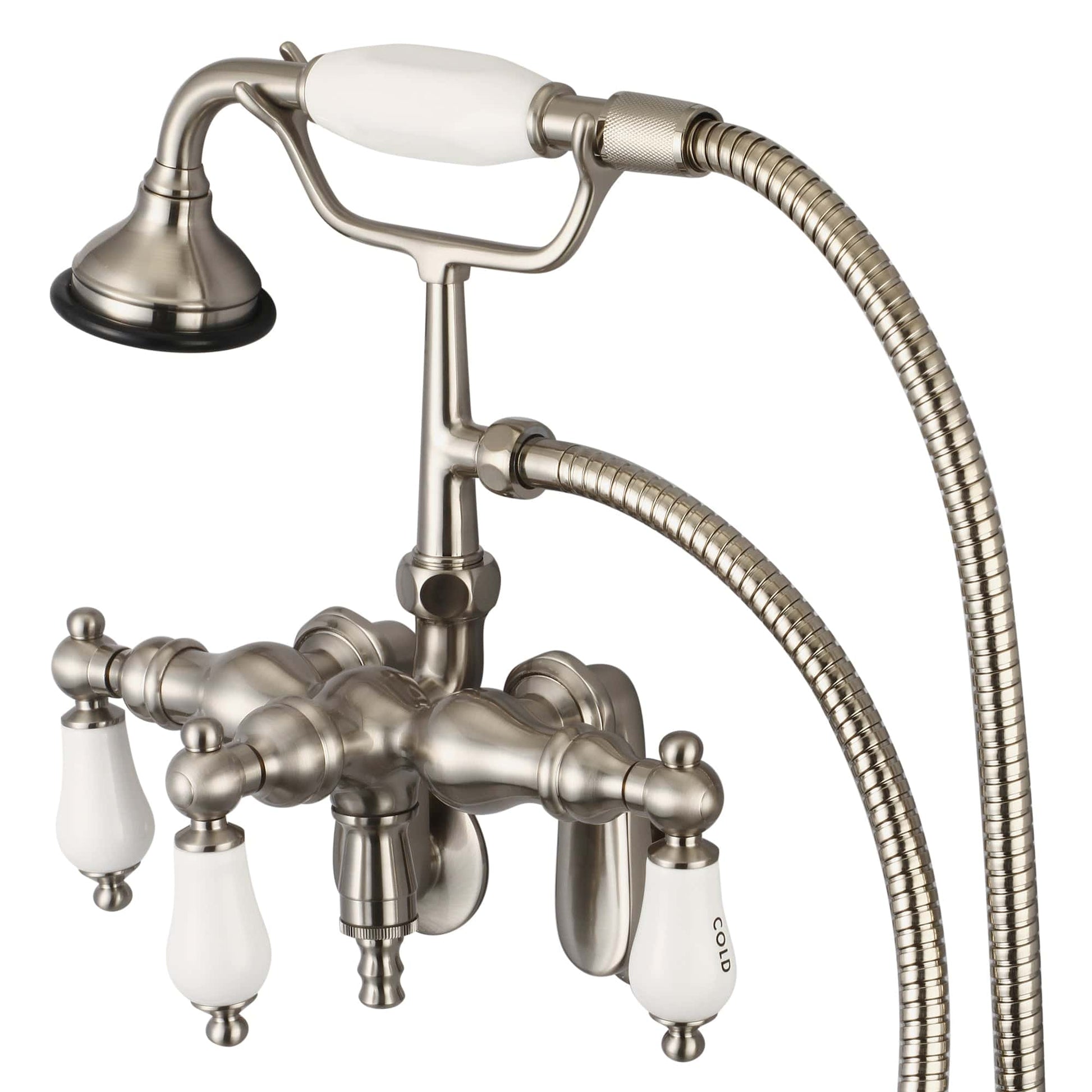 Water Creation F6-0018-02-CL Vintage Classic Adjustable Center Wall Mount Tub Faucet With Down Spout, Swivel Wall Connector & Handheld Shower in Brushed Nickel Finish, With Porcelain Lever Handles, Hot And Cold Labels Included