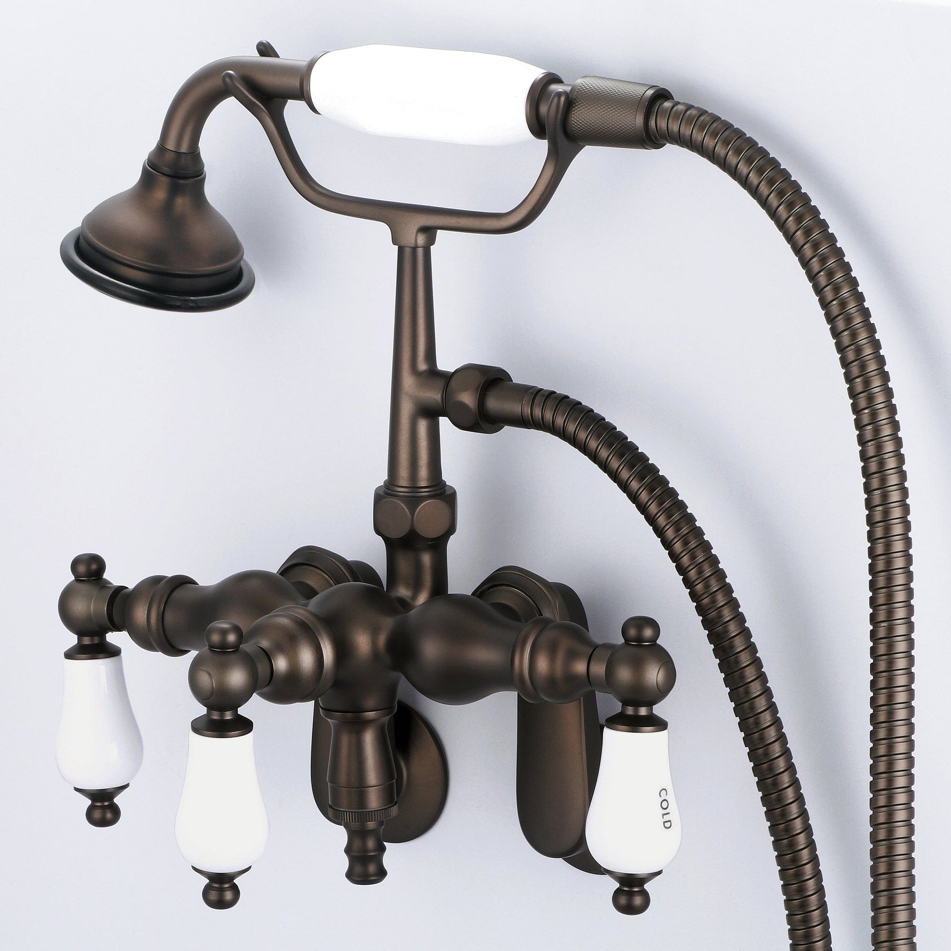 Water Creation F6-0018-03-CL Vintage Classic Adjustable Center Wall Mount Tub Faucet With Down Spout, Swivel Wall Connector & Handheld Shower in Oil Rubbed Bronze Finish, With Porcelain Lever Handles, Hot And Cold Labels Included