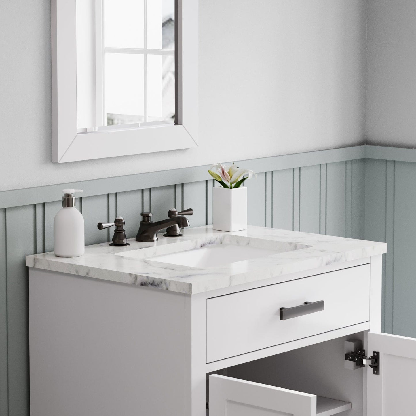 Water Creation HA30CW03PW-000000000 HARTFORD 30"W x 34"H Pure White Single-Sink Vanity with Carrara White Marble Countertop (Vanity Only)