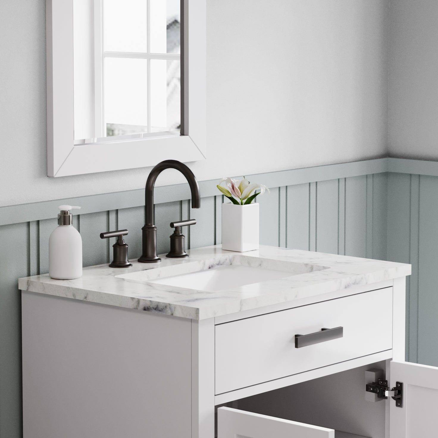 Water Creation HA30CW03PW-000BL1403 HARTFORD 30"W x 34"H Pure White Single-Sink Vanity with Carrara White Marble Countertop + Gooseneck Faucet