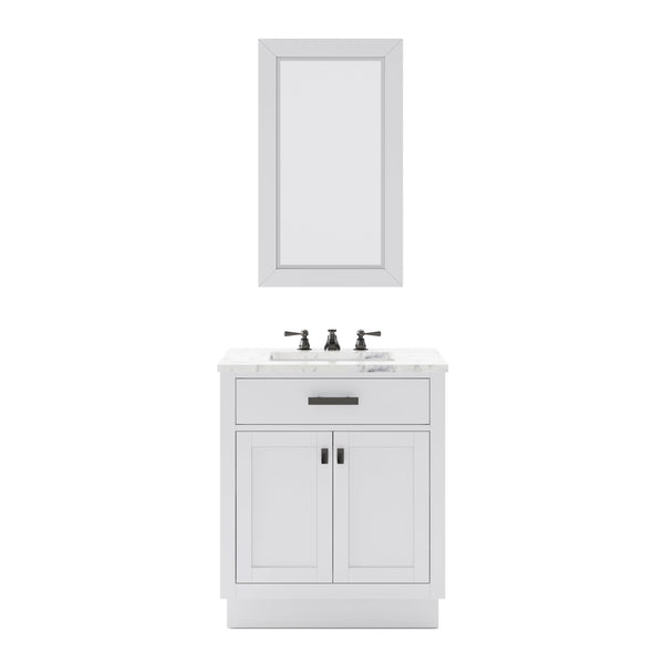 Water Creation HA30CW03PW-R24000000 HARTFORD 30W x 34H Pure White Single-Sink Vanity with Carrara White Marble Countertop + Rectangular Mirror (S)