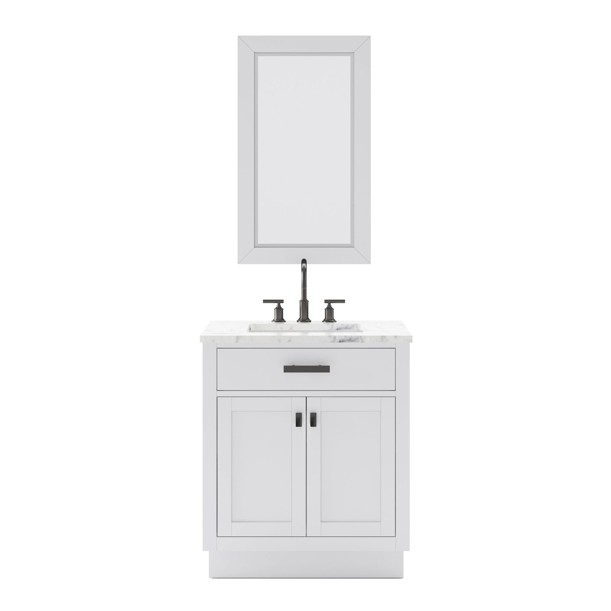 Water Creation HA30CW03PW-R24BL1403 HARTFORD 30"W x 34"H Pure White Single-Sink Vanity with Carrara White Marble Countertop + Gooseneck Faucet and Rectangular Mirror (S)