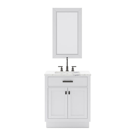 Water Creation HA30CW03PW-R24BL1403 HARTFORD 30"W x 34"H Pure White Single-Sink Vanity with Carrara White Marble Countertop + Gooseneck Faucet and Rectangular Mirror (S)