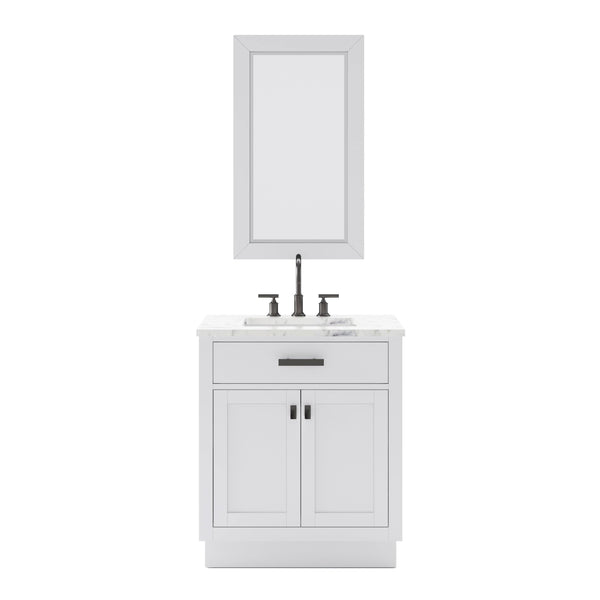 Water Creation HA30CW03PW-R24BL1403 HARTFORD 30W x 34H Pure White Single-Sink Vanity with Carrara White Marble Countertop + Gooseneck Faucet and Rectangular Mirror (S)