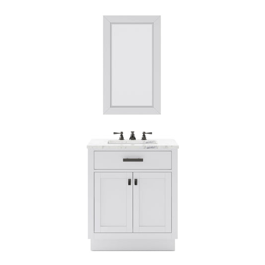 Water Creation HA30CW03PW-R24TL0903 HARTFORD 30"W x 34"H Pure White Single-Sink Vanity with Carrara White Marble Countertop + Classic Faucet and Rectangular Mirror (S)