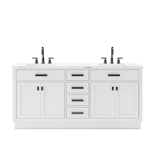 Water Creation HA72CW03PW-000BL1403 HARTFORD 72"W x 34"H Pure White Double-Sink Vanity with Carrara White Marble Countertop + Gooseneck Faucet