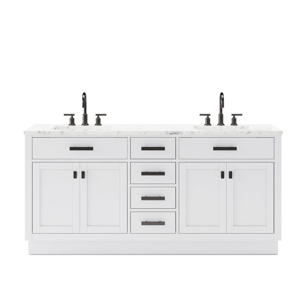 Water Creation HA72CW03PW-000BL1403 HARTFORD 72W x 34H Pure White Double-Sink Vanity with Carrara White Marble Countertop + Gooseneck Faucet