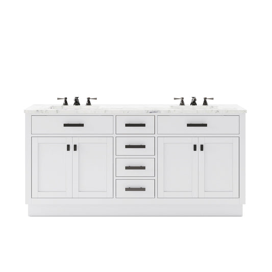 Water Creation HA72CW03PW-000TL0903 HARTFORD 72"W x 34"H Pure White Double-Sink Vanity with Carrara White Marble Countertop + Classic Faucet