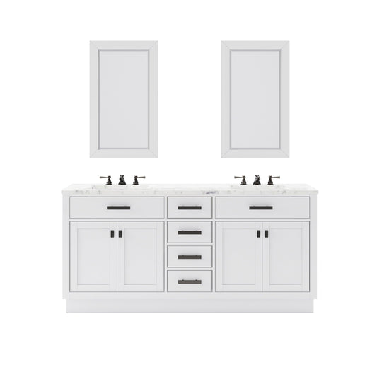 Water Creation HA72CW03PW-R24000000 HARTFORD 72"W x 34"H Pure White Double-Sink Vanity with Carrara White Marble Countertop + Rectangular Mirror (S)