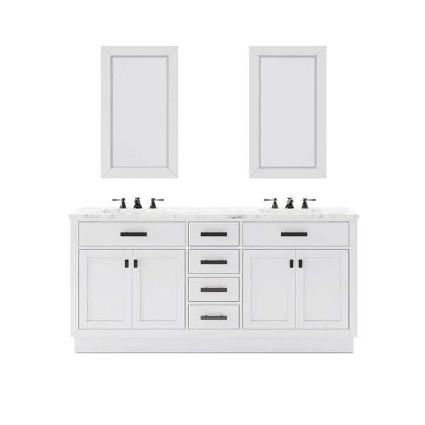 Water Creation HA72CW03PW-R24000000 HARTFORD 72W x 34H Pure White Double-Sink Vanity with Carrara White Marble Countertop + Rectangular Mirror (S)