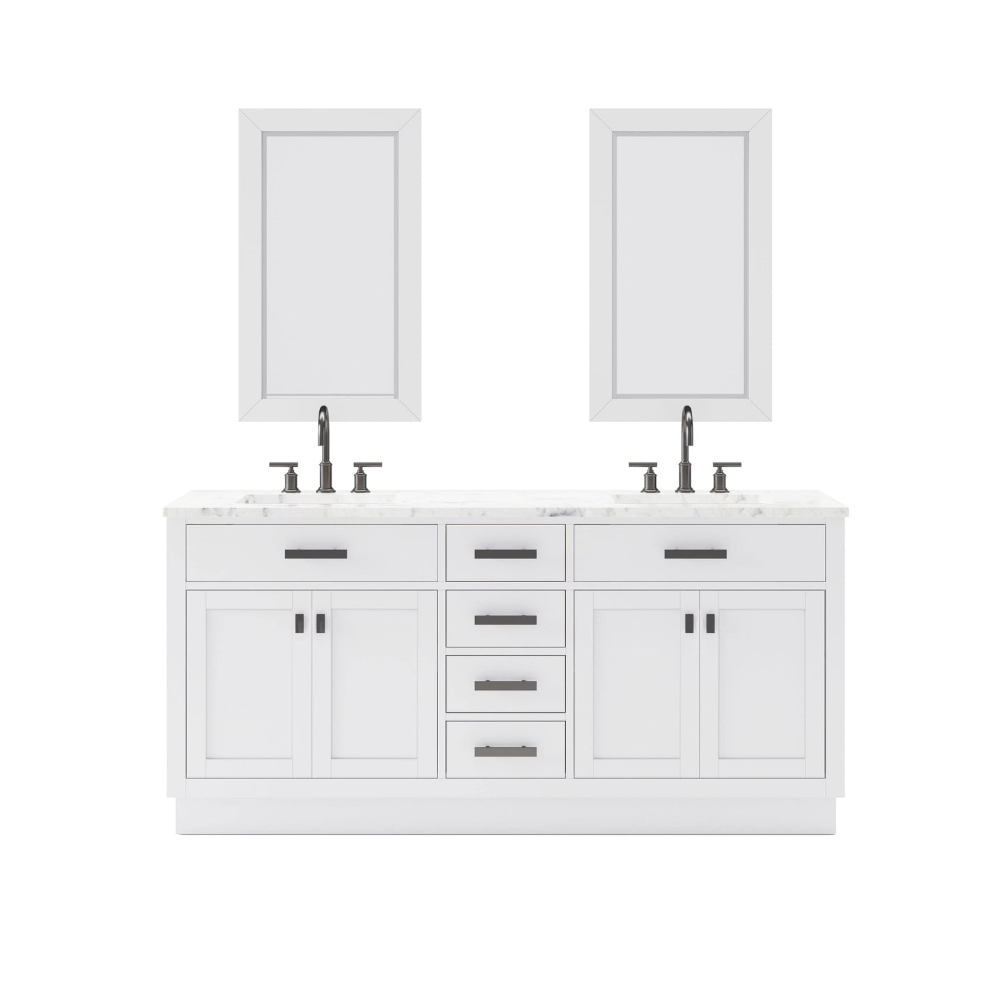 Water Creation HA72CW03PW-R24BL1403 HARTFORD 72"W x 34"H Pure White Double-Sink Vanity with Carrara White Marble Countertop + Gooseneck Faucet and Rectangular Mirror (S)