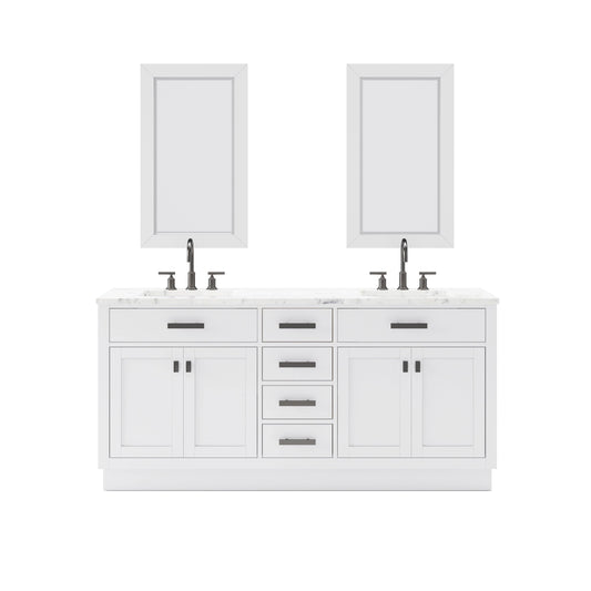 Water Creation HA72CW03PW-R24BL1403 HARTFORD 72"W x 34"H Pure White Double-Sink Vanity with Carrara White Marble Countertop + Gooseneck Faucet and Rectangular Mirror (S)