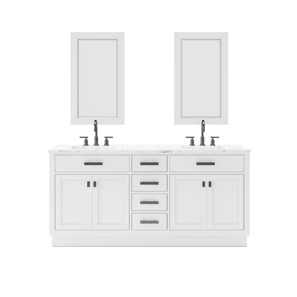 Water Creation HA72CW03PW-R24BL1403 HARTFORD 72W x 34H Pure White Double-Sink Vanity with Carrara White Marble Countertop + Gooseneck Faucet and Rectangular Mirror (S)