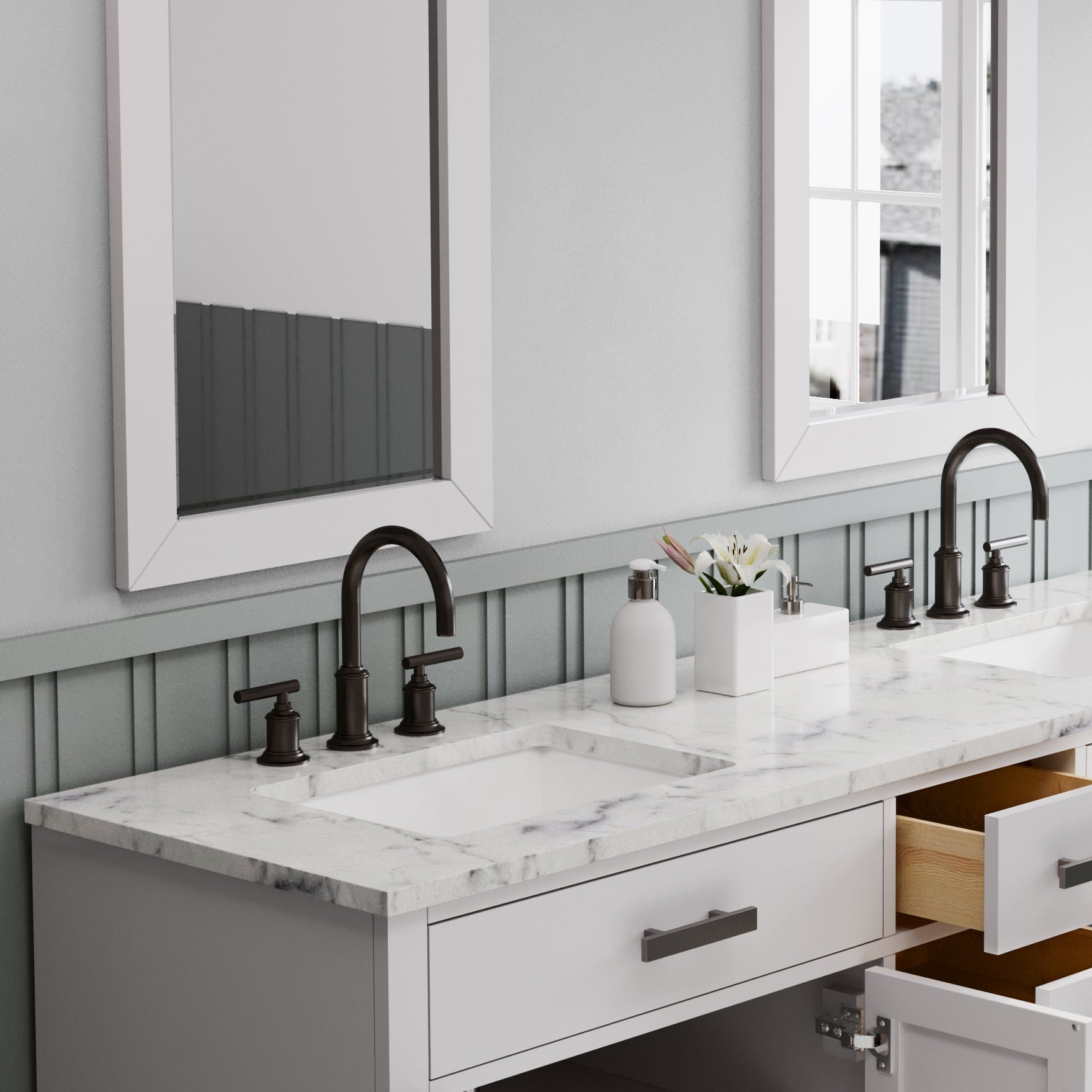 Water Creation HA72CW03PW-R24BL1403 HARTFORD 72"W x 34"H Pure White Double-Sink Vanity with Carrara White Marble Countertop + Gooseneck Faucet and Rectangular Mirror (S)