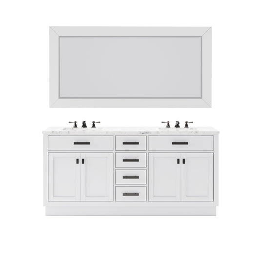 Water Creation HA72CW03PW-R72000000 HARTFORD 72"W x 34"H Pure White Double-Sink Vanity with Carrara White Marble Countertop + Rectangular Mirror (L)