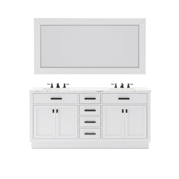 Water Creation HA72CW03PW-R72000000 HARTFORD 72W x 34H Pure White Double-Sink Vanity with Carrara White Marble Countertop + Rectangular Mirror (L)