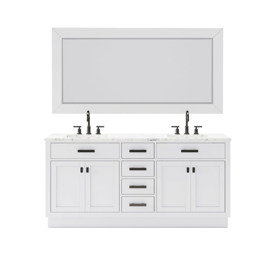 Water Creation HA72CW03PW-R72BL1403 HARTFORD 72"W x 34"H Pure White Double-Sink Vanity with Carrara White Marble Countertop + Gooseneck Faucet and Mirror