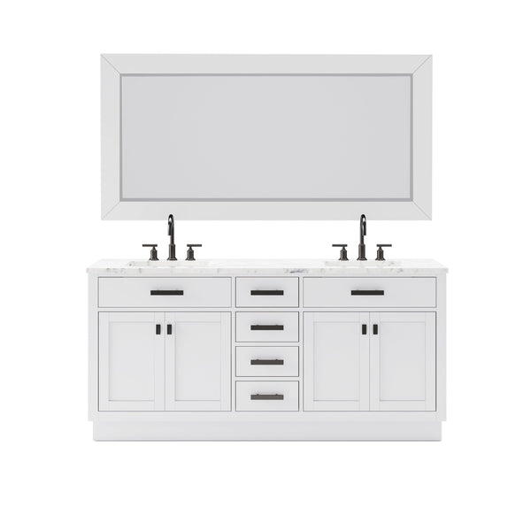 Water Creation HA72CW03PW-R72BL1403 HARTFORD 72W x 34H Pure White Double-Sink Vanity with Carrara White Marble Countertop + Gooseneck Faucet and Mirror