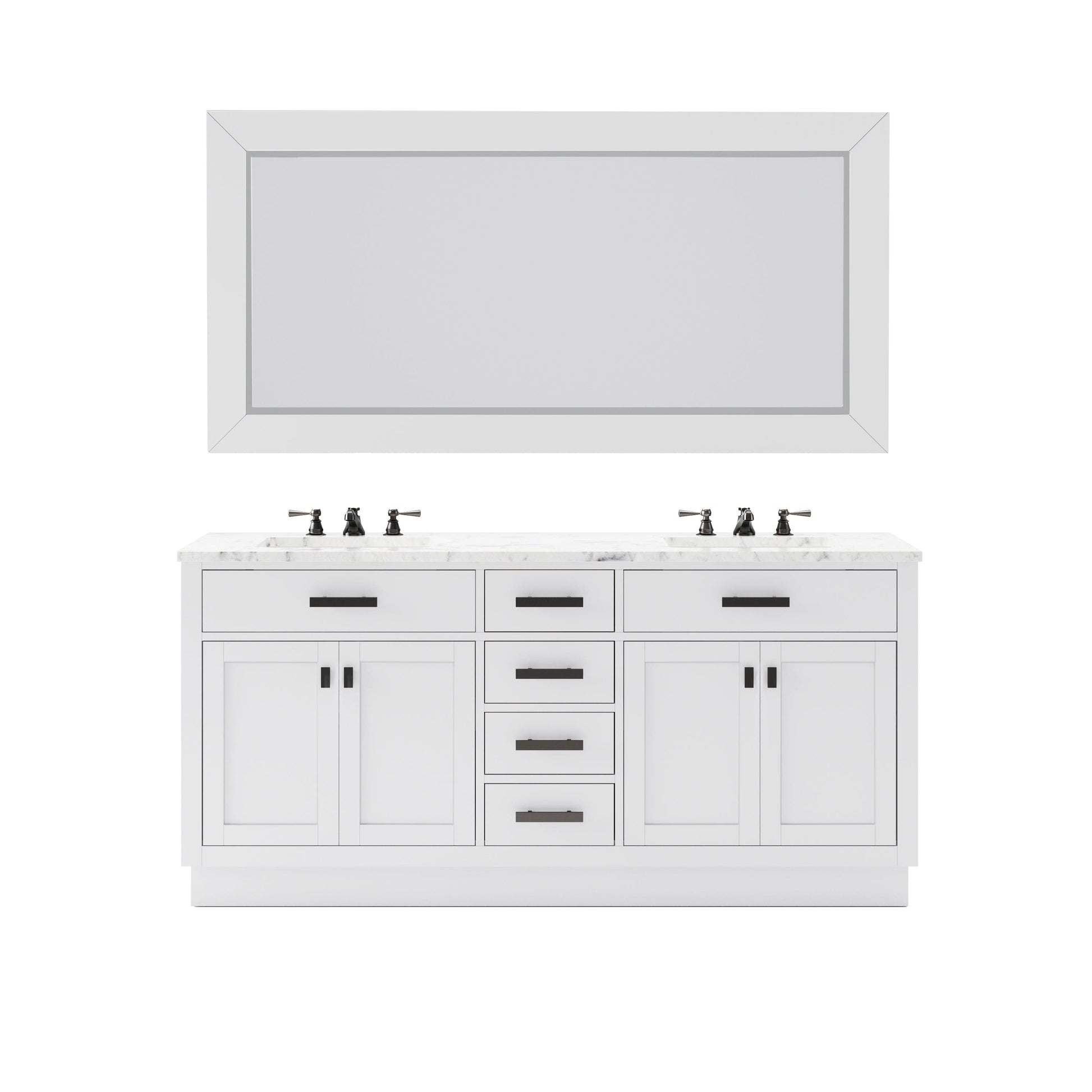 Water Creation HA72CW03PW-R72TL0903 HARTFORD 72"W x 34"H Pure White Double-Sink Vanity with Carrara White Marble Countertop + Gooseneck Faucet and Rectangular Mirror (L)