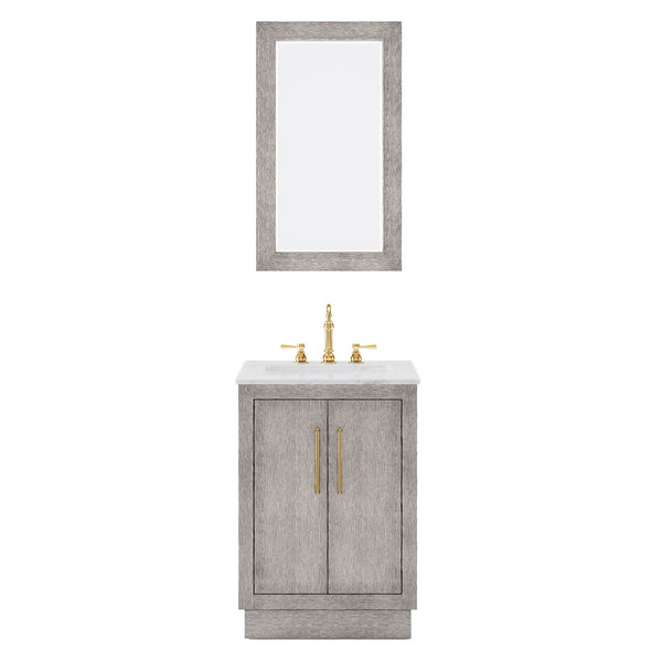 Water Creation HU24CW06GK-R21000000 HUGO 24W x 34.3H Gray Oak Single-Sink Vanity with Carrara White Marble Countertop + Mirror (B)