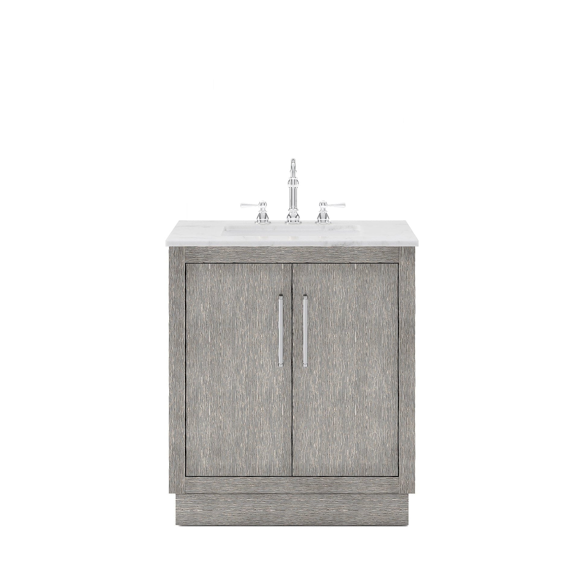 Water Creation HU30CW01GK-000TL1201 HUGO 30"W x 34.3"H Gray Oak Single-Sink Vanity with Carrara White Marble Countertop + Hook Faucet (A)