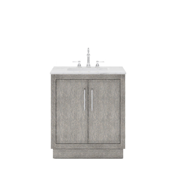 Water Creation HU30CW01GK-000TL1201 HUGO 30W x 34.3H Gray Oak Single-Sink Vanity with Carrara White Marble Countertop + Hook Faucet (A)