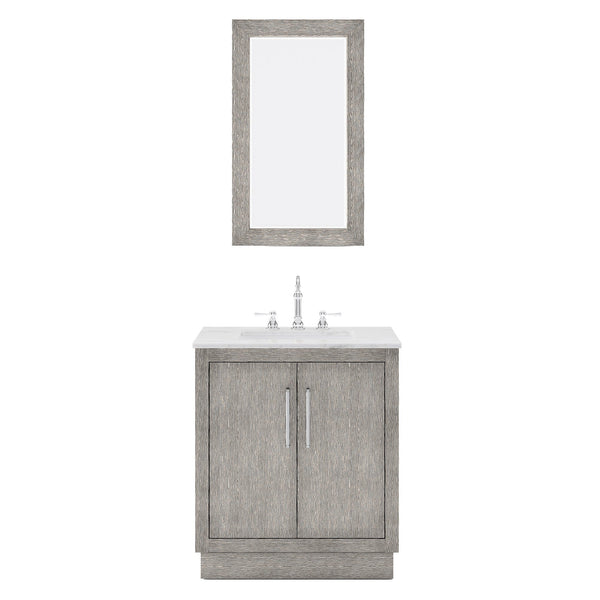 Water Creation HU30CW01GK-R21000000 HUGO 30W x 34.3H Gray Oak Single-Sink Vanity with Carrara White Marble Countertop + Mirror (A)