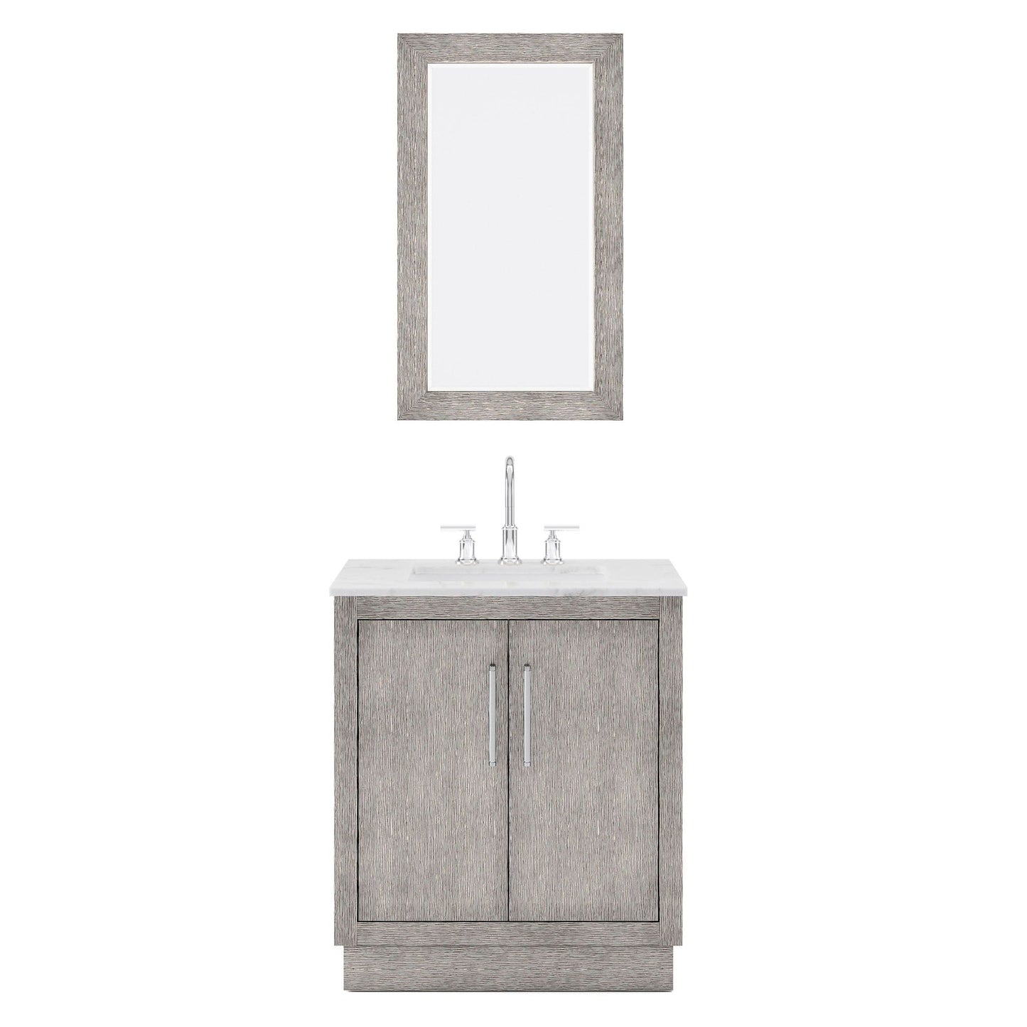 Water Creation HU30CW01GK-R21BL1401 HUGO 30"W x 34.3"H Gray Oak Single-Sink Vanity with Carrara White Marble Countertop + Gooseneck Faucet and Mirror (A)