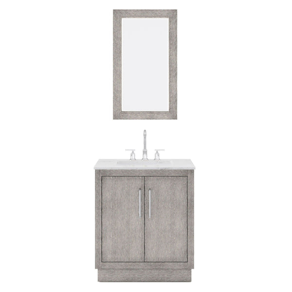 Water Creation HU30CW01GK-R21BL1401 HUGO 30W x 34.3H Gray Oak Single-Sink Vanity with Carrara White Marble Countertop + Gooseneck Faucet and Mirror (A)