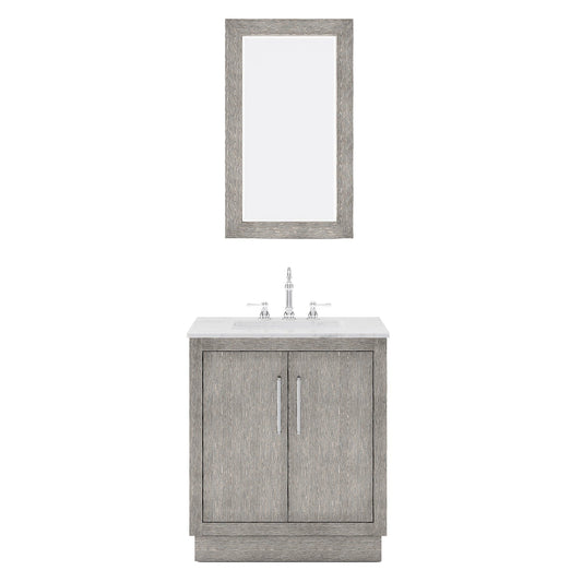 Water Creation HU30CW01GK-R21TL1201 HUGO 30"W x 34.3"H Gray Oak Single-Sink Vanity with Carrara White Marble Countertop + Hook Faucet and Mirror (A)