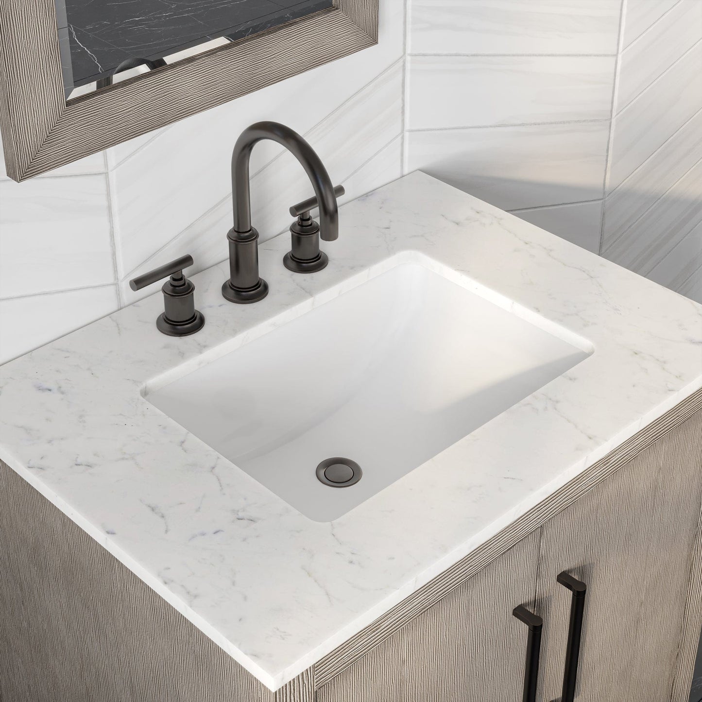 Water Creation HU30CW03GK-000BL1403 HUGO 30"W x 34.3"H Gray Oak Single-Sink Vanity with Carrara White Marble Countertop + Gooseneck Faucet (B)