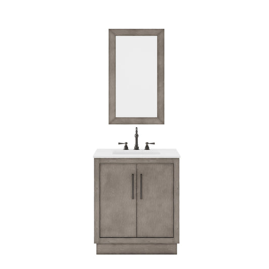 Water Creation HU30CW03GK-R21000000 HUGO 30"W x 34.3"H Gray Oak Single-Sink Vanity with Carrara White Marble Countertop + Mirror (B)