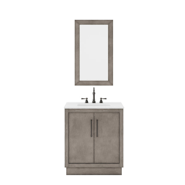 Water Creation HU30CW03GK-R21000000 HUGO 30W x 34.3H Gray Oak Single-Sink Vanity with Carrara White Marble Countertop + Mirror (B)