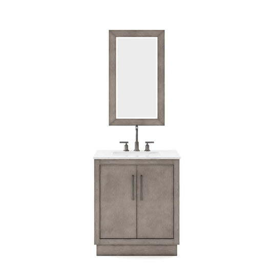 Water Creation HU30CW03GK-R21BL1403 HUGO 30"W x 34.3"H Gray Oak Single-Sink Vanity with Carrara White Marble Countertop + Gooseneck Faucet and Mirror (B)