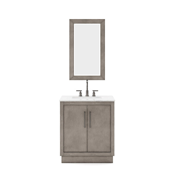 Water Creation HU30CW03GK-R21BL1403 HUGO 30W x 34.3H Gray Oak Single-Sink Vanity with Carrara White Marble Countertop + Gooseneck Faucet and Mirror (B)