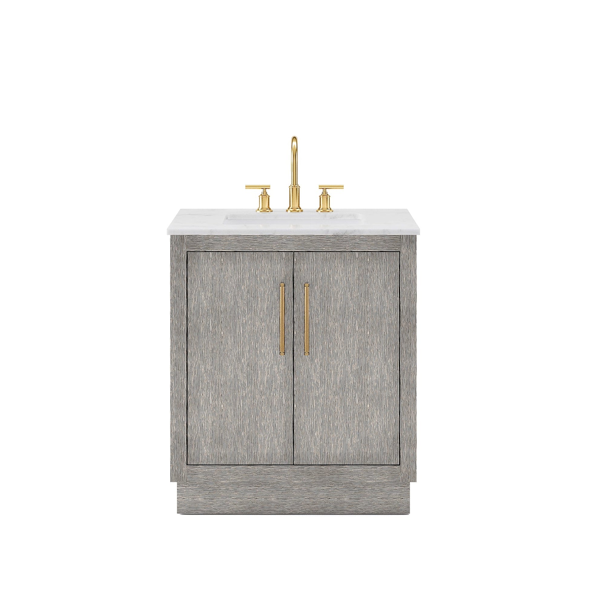 Water Creation HU30CW06GK-000BL1406 HUGO 30"W x 34.3"H Gray Oak Single-Sink Vanity with Carrara White Marble Countertop + Gooseneck Faucet (C)