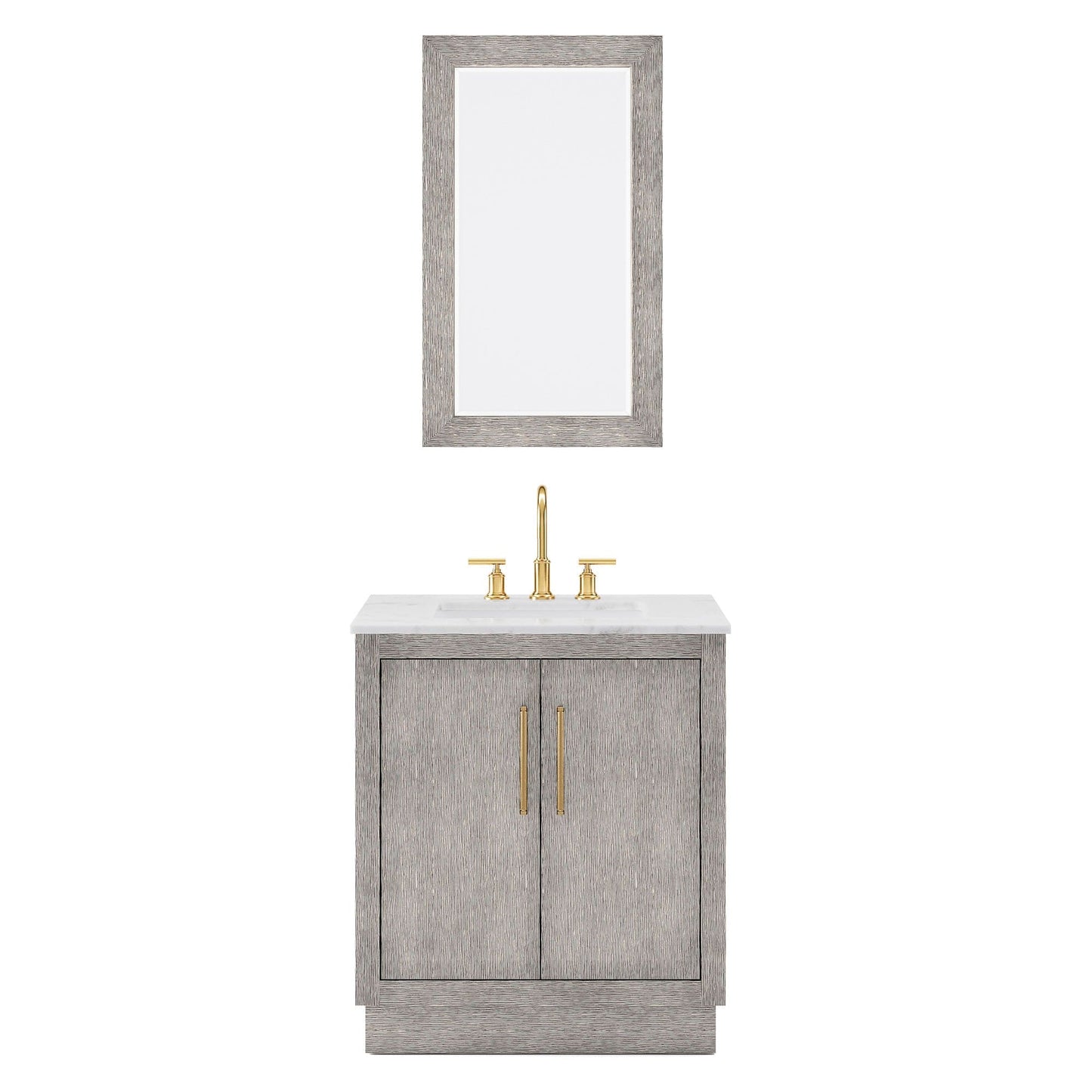 Water Creation HU30CW06GK-R21000000 HUGO 30"W x 34.3"H Gray Oak Single-Sink Vanity with Carrara White Marble Countertop + Mirror (C)