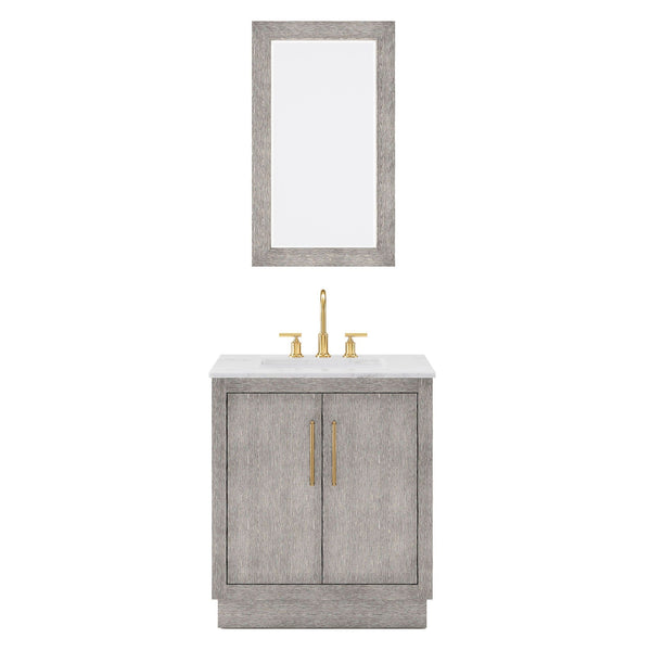 Water Creation HU30CW06GK-R21000000 HUGO 30W x 34.3H Gray Oak Single-Sink Vanity with Carrara White Marble Countertop + Mirror (C)