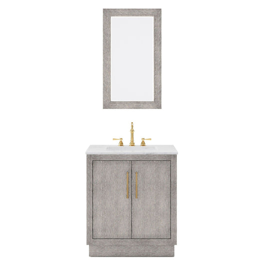 Water Creation HU30CW06GK-R21TL1206 HUGO 30"W x 34.3"H Gray Oak Single-Sink Vanity with Carrara White Marble Countertop + Hook Faucet and Mirror (C)