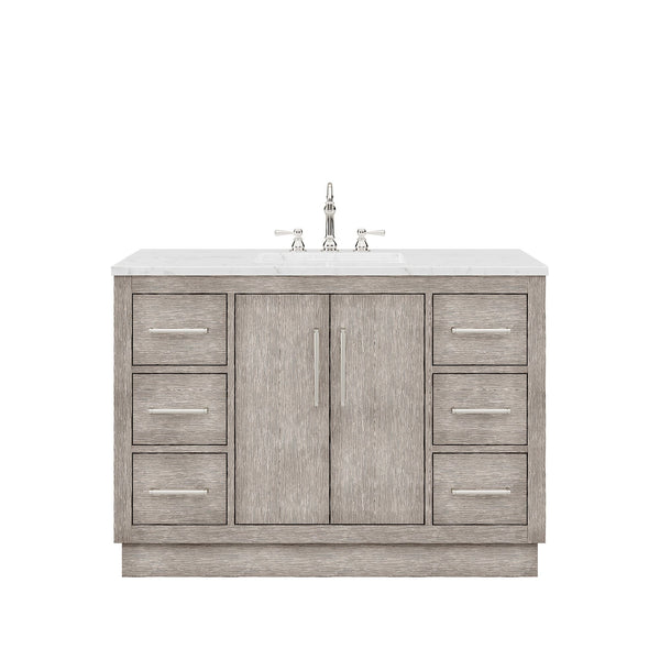 Water Creation HU48CW01GK-000TL1201 HUGO 48W x 34.3H Gray Oak Single-Sink Vanity with Carrara White Marble Countertop + Hook Faucet (A)